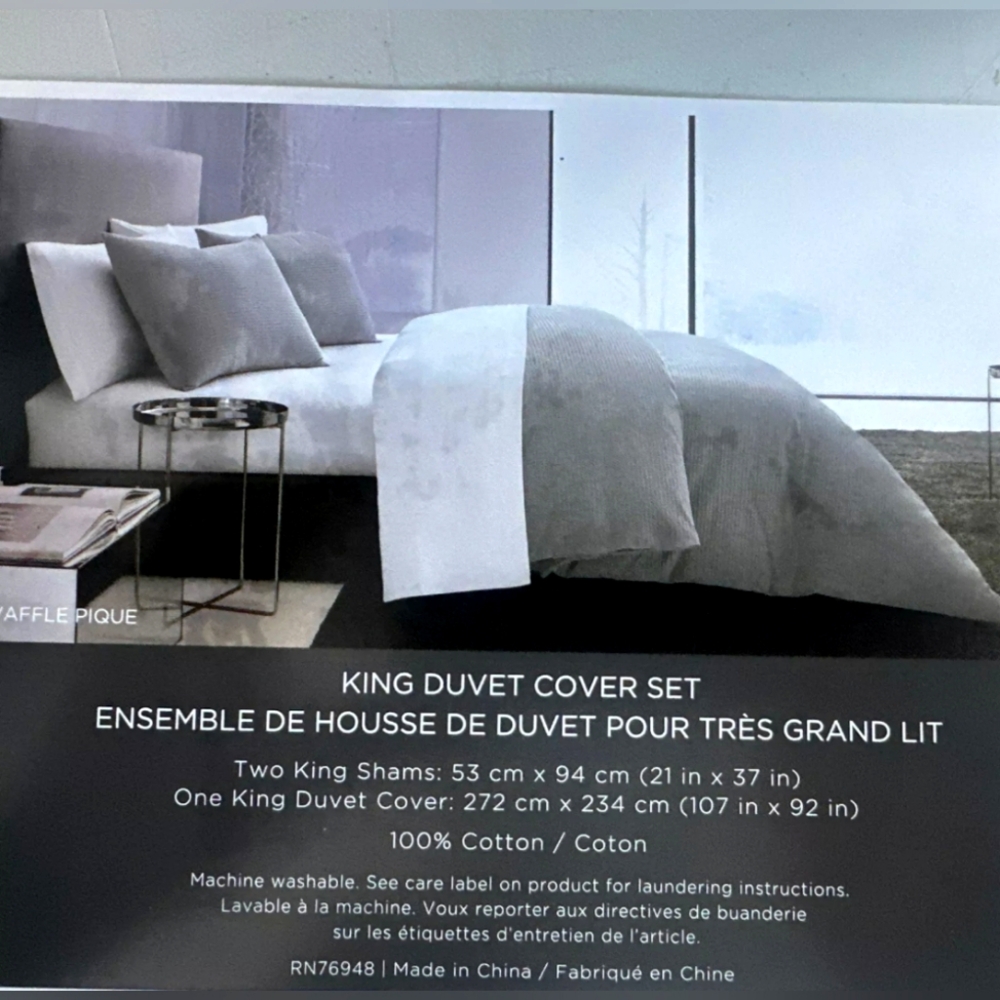 VERA WANG Waffle Pique 100% Cotton King Duvet Cover Set Gray NEW